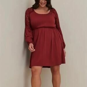 Torrid Rusty‎ Burnt Red Lace Inset Pockets Challis Long Sleeve Dress Plus 2X